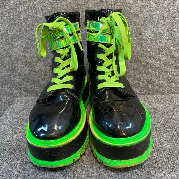 DEMONIA Slacker 52 Womens 9 Platform Black Patent Neon Green Chunky Combat Boots - Picture 5 of 8